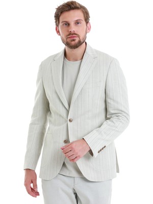 Hatemoğlu Bej Slim Fit Çizgili Mono Yaka Casual Keten Ceket