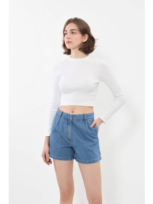 Banny Jeans Kadın Yüksek Bel Cepli Mavi Jean Şort