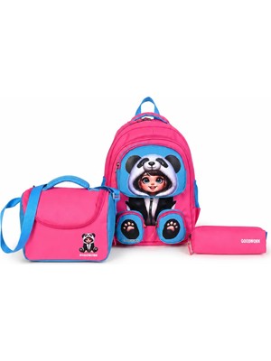 Wander Bag Panda Temalı 3’lü Ilkokul Okul Çantası Seti Beslenme Çantalı Kalemlikli Kız Çocuk Sırt Çantası Pembe