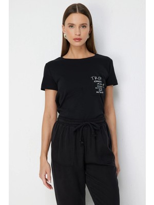 ON Kadın Yazı Detaylı Sıfır Yaka Pamuklu T-Shirt 71464 Siyah