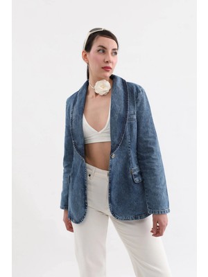 Banny Jeans Kadın Uzun Kollu Tek Düğmeli Jean Ceket Mavi