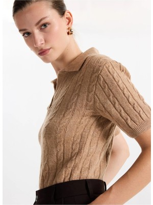 Fabrika Gömlek Yaka Relaxed Saç Örgü Desenli Camel Kazak Kadın F5WL-KZK0257
