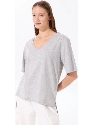 Fabrika Gri Melanj Kadın V Yaka Oversize T-Shirt Talıta