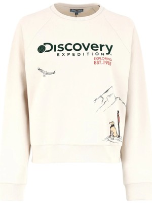 Discovery Expedition Açık Bej Kadın Bisiklet Yaka Crop Baskılı Sweatshirt D4WL-SWT3035
