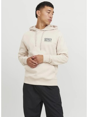 Jack & Jones Kapüşon Yaka Krem Erkek Sweatshırt 12242225_JCOWAFFLE Backprınt Sweat