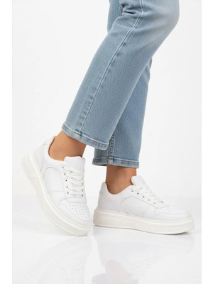 Ayakmod Beyaz Bağcıklı Cilt Hafif Unisex Sneaker Aper 049 G