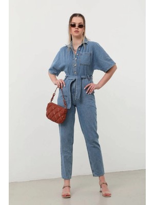Banny Jeans Kadın Yarasa Kol Jean Tulum Mavi