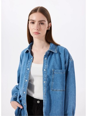 Jeep Relaxed Gömlek Yaka Yıkamalı Indigo Kadın Denim Gömlek J5SL-GML7149