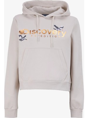 Discovery Expedition Açık Bej Kadın Kapüşonlu Crop Nakışlı Sweatshirt D4WL-SWT3071