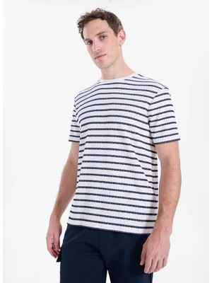 Jeep Beyaz - Lacivert Erkek Relaxed Çizgili T-Shirt J6SM-TST7851