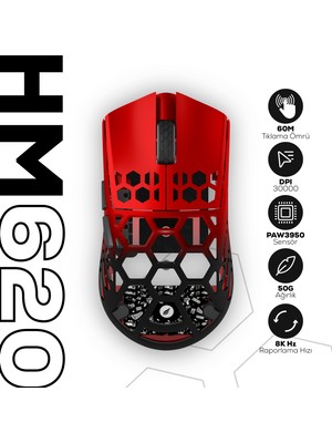 Hawk Gaming Chair HM620 8k Hz 30000 Dpı Tri-Mode Kablosuz/Bluetooth Siyah Kırmızı Gaming Mouse
