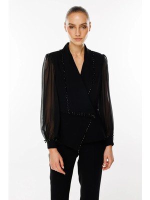 Moda İlgi Kadın Boncuk Detaylı Kısa Ceket T07527 Siyah