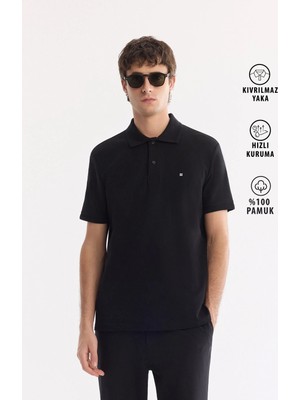 AVVA Erkek Siyah Kıvrılmaz Polo Yaka %100 Pamuk Basic Regular Fit T-Shirt B001032
