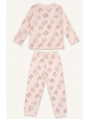 DeFacto %100 Pamuk Kedi Baskılı Bisiklet Yaka Uzun Kollu Pijama Üstü Esnek Belli Uzun Pijama Altı 2'li Pijama Takımı Kız Bebek I3230A526AU