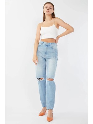 Banny Jeans Kadın Dizi Yırtık Jean Pantolon Açık Mavi