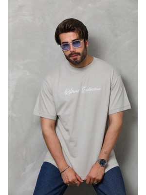 Tarz Yeri Erkek Baskılı T-Shirt Kısa Kol Bisiklet Yaka Regular Fit Tişört - Gri