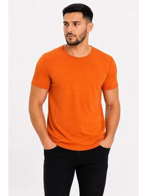 Tarz Yeri Erkek Basic Tişört Bisiklet Yaka Kısa Kol Günlük Yazlık Slim Fit T-Shirt - Turuncu
