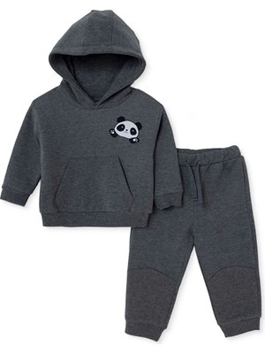 Hellobaby Erkek Bebek Eşofman Takımı Ayı Baskılı Kapüşonlu Long Sleeve Lastikli