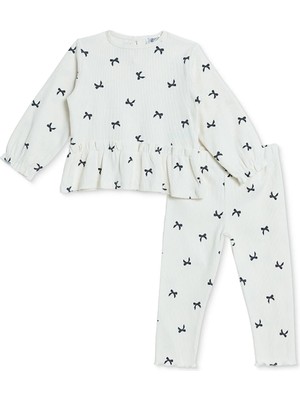 Hellobaby Kız Bebek Bluz-Tayt Fiyonk Baskılı Bisiklet Yaka Long Sleeve Reçme