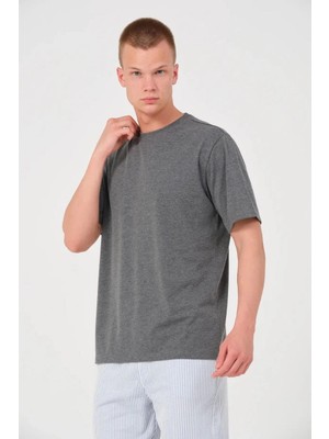 Tarz Yeri Erkek Düz Bisiklet Yaka Tişört Kısa Kol Yazlık T-Shirt - Antrasit