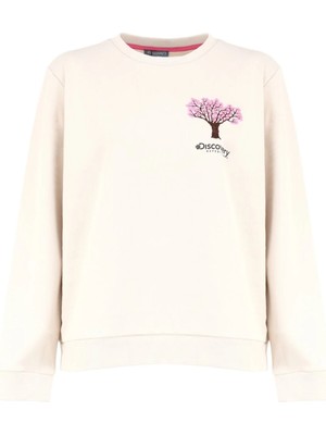 Discovery Expedition D4WL-SWT3033 Açık Bej Bisiklet Yaka Relaxed Nakışlı Kadın Sweatshırt