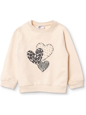 Hellobaby Kız Bebek Sweatshirt Kalp Baskılı Bisiklet Yaka Uzun Kol