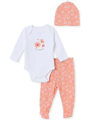 Hellobaby Kız Bebek Body-Alt-Şapka Çiçek Baskılı Çıtçıtlı Bisiklet Yaka Long Sleeve Patikli
