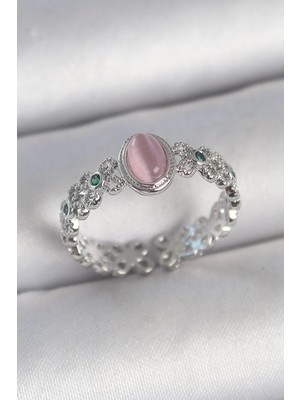 Uravas Store Mey Ithalat® Pirinç Gümüş Renk Zirkon Taş Detaylı Pembe Mineli Damla Model Ayarlanabilir Kadın Yüzük