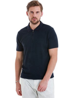 Hatemoğlu Lacivert Regular Fit Jakarlı Polo Yaka Fermuarlı Tişört