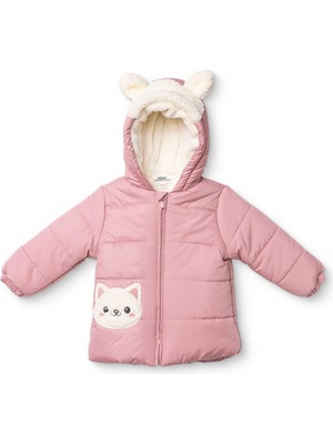 Midimod Kız Bebek Mont Hayvan Baskılı Fermuarlı Kapüşonlu Long Sleeve