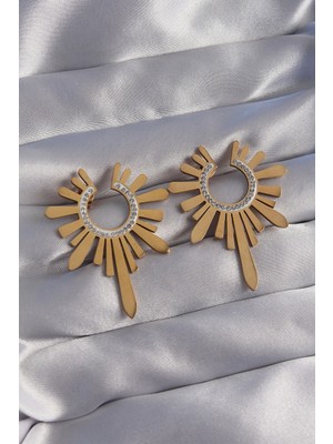 Uravas Store Mey Ithalat® 316L Çelik Gold Renk Zirkon Taşlı Güneş Figürlü Küpe