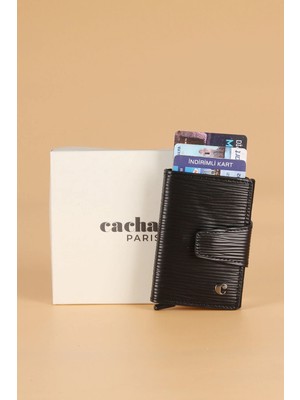 Cacharel 0270 Hakiki Deri Mekanizmalı  Erkek Cüzdan Kartlık Ağaç Kabuğu Siyah