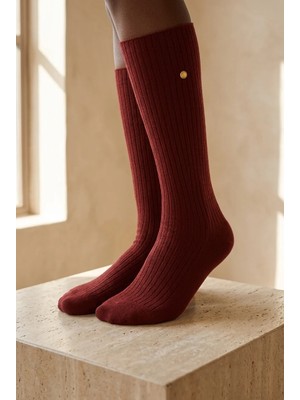 Bony Socks Kadın Fitilli Yün Dizaltı Çorap Bordo