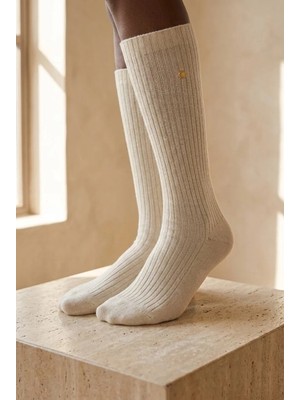 Bony Socks Kadın Fitilli Yün Dizaltı Çorap Ekru