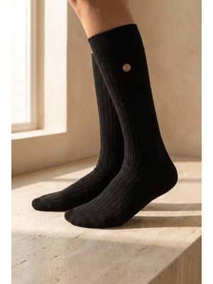 Bony Socks Kadın Fitilli Yün Dizaltı Çorap Siyah