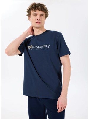 Discovery Expedition D4SM-TST3308 Indigo Bisiklet Yaka Basic Baskılı Erkek T-Shirt