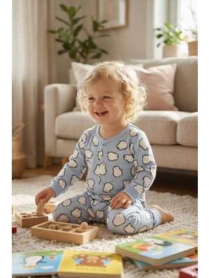 Mini & Sweet Bebek Unisex Pamuklu Penguen Desenli Önden Çıtçıtlı Uzun Kollu Pijama Takımı