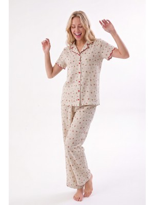 Nbb Ekru Küçük Çiçekli Önden Düğmeli Pijama Takımı