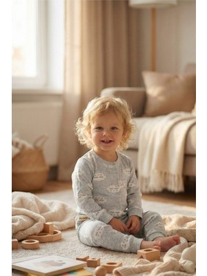 Mini & Sweet Unisex Bebek Pamuklu Uzun Kollu Bulut Desenli Önden Çıtçıtlı Alt Üst Pijama Takımı