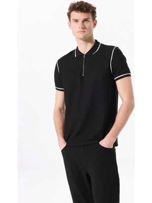Fabrika Polo Yaka Jakarlı Siyah Erkek T-Shirt Vıdar