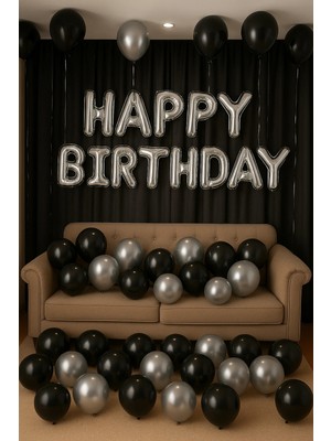 Baloncu Nene Happy Birthday Folyo Set Siyah Gümüş Balon Parti Doğum Günü Süsleme Seti