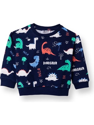 Hellobaby Erkek Bebek Sweatshirt Canavar Baskılı Bisiklet Yaka Uzun Kol