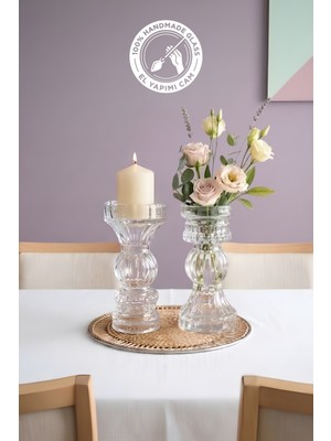 Glamis Selen Concept Luvia Model Orta Boy Çift Yönlü Modern El Yapımı Cam Şamdan & Vazo 2li Set