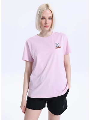 Discovery Expedition D6SL-TST3685 Pembe Bisiklet Yaka Relaxed Düz Kadın T-Shirt