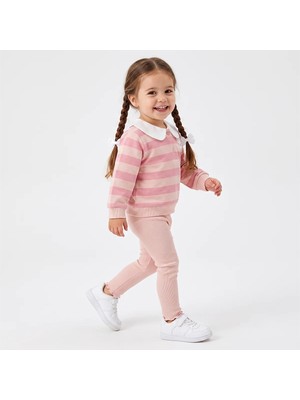 Hellobaby Kız Bebek Sweatshirt-Tayt Ayı Baskılı Düğmeli Bebe Yaka Long Sleeve Reçme
