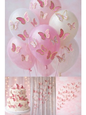 Baloncu Nene 63 Adet Pembe Altın Yaldızlı Kelebek Pasta Balon ve Duvar Sticker Yapışkanlı Doğum Günü Süsleme