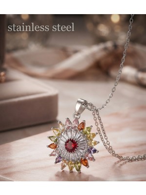 Stainless Steel 316L Çelik Zincir Gümüş Renk Karışık Renkli Güneş Model Kolye