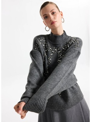 Fabrika Yarım Balıkçı Yaka Loose Fit Taşlı Antrasit Kazak Kadın F5WL-KZK0307