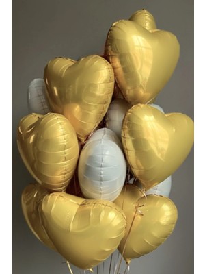 Baloncu Nene Gold ve Beyaz Kalpli Folyo Balon Helyum 10 Adet Kalp Sevgili Süpriz Süs Doğum Günü Evlilik Teklifi