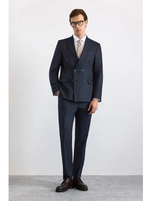 Süvari Lacivert Slim Kruvaze Yaka Düz Pike Torba Cep 6 Drop Takım Elbise